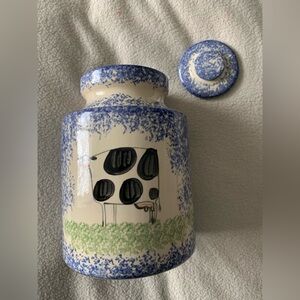 Molly Davis Pottery Ceramic Blue White Speckled Cylinder Jar with Lid Glossy